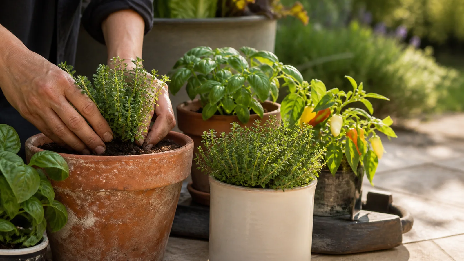 Gardener planting herbs into terracotta containers on a sunny patio.