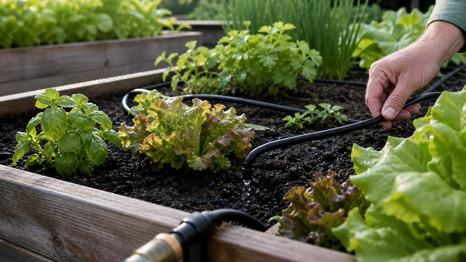 Drip line and hose connection serving leafy vegetables in a raised bed.