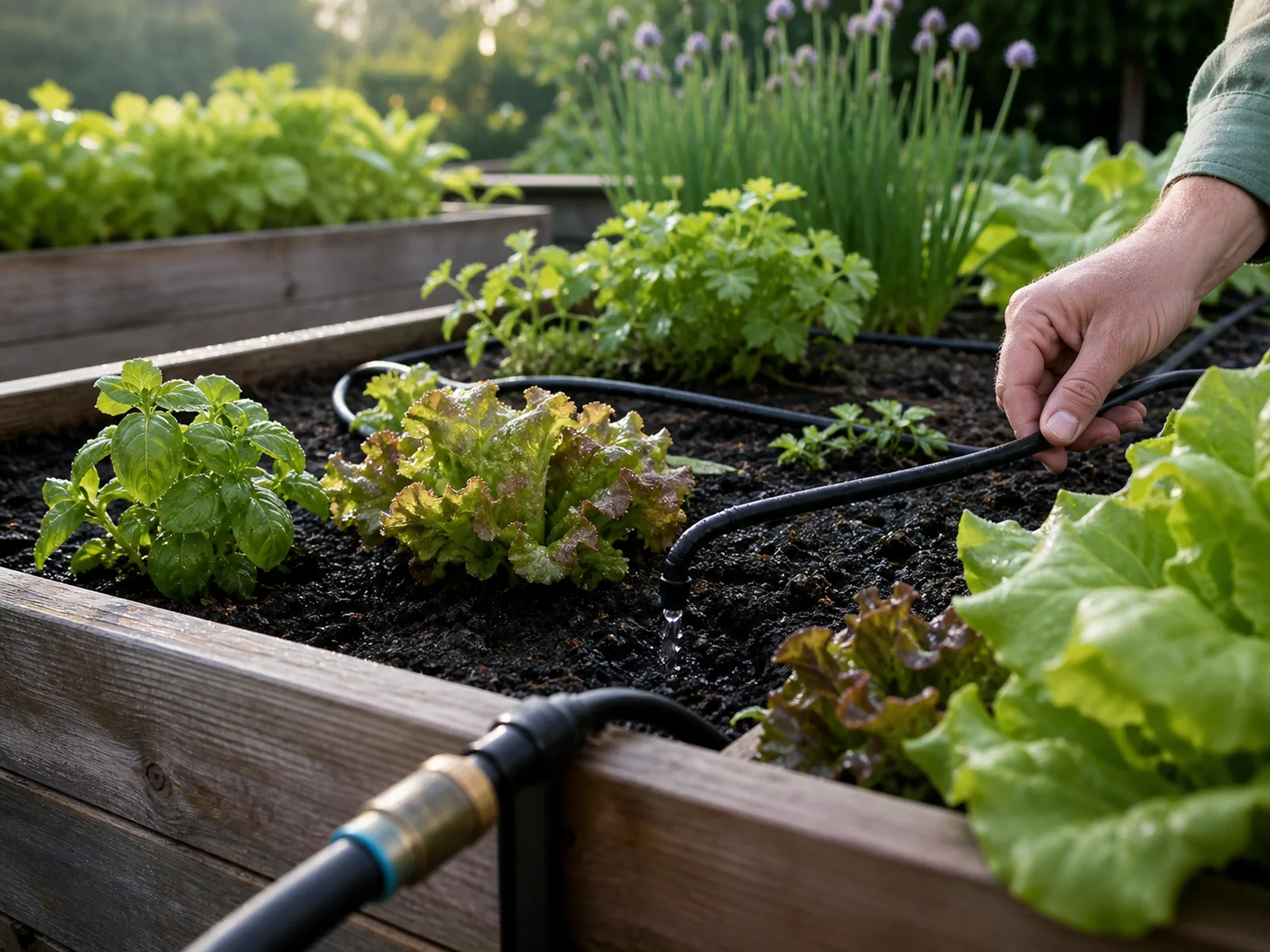 Garden hose connection near a drip-irrigated raised bed.