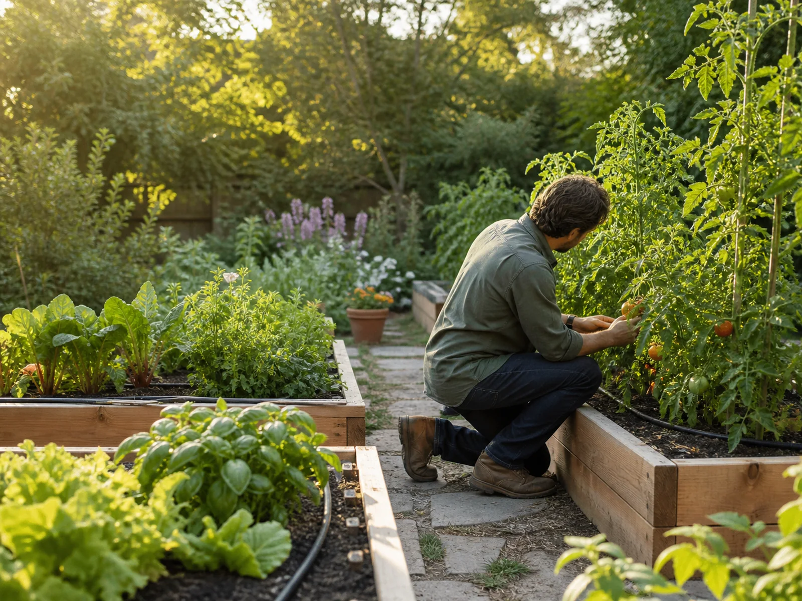 Gardener tending tomatoes and greens in a backyard raised-bed garden.