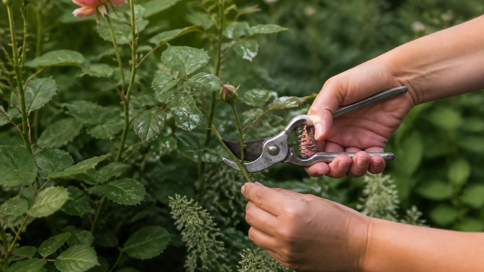 Hands using unbranded pruning shears on a garden stem.