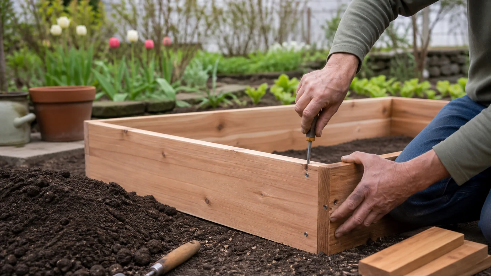Cedar boards being assembled into a raised garden bed.