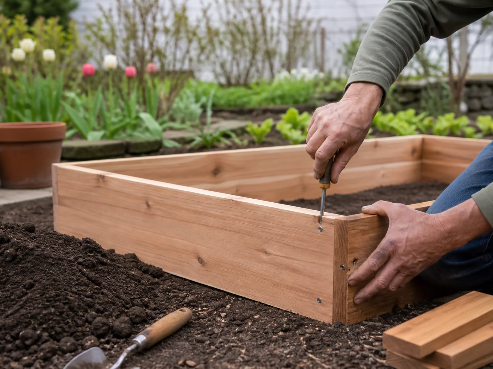 Hands assembling a cedar raised garden bed beside dark soil.