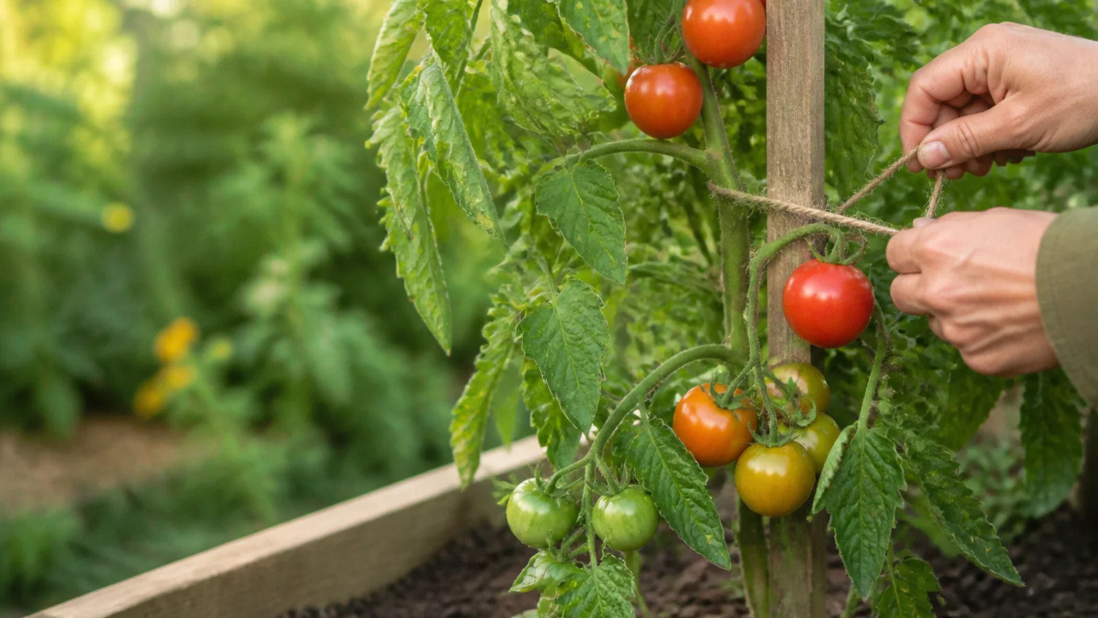 Gardener tying a tomato vine to a simple wooden stake.