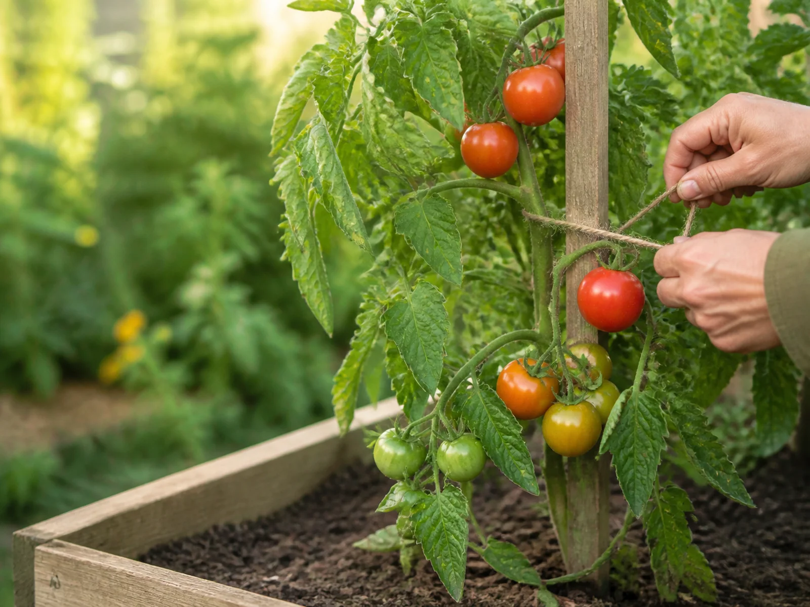 Gardener tying a tomato vine to a simple wooden stake.